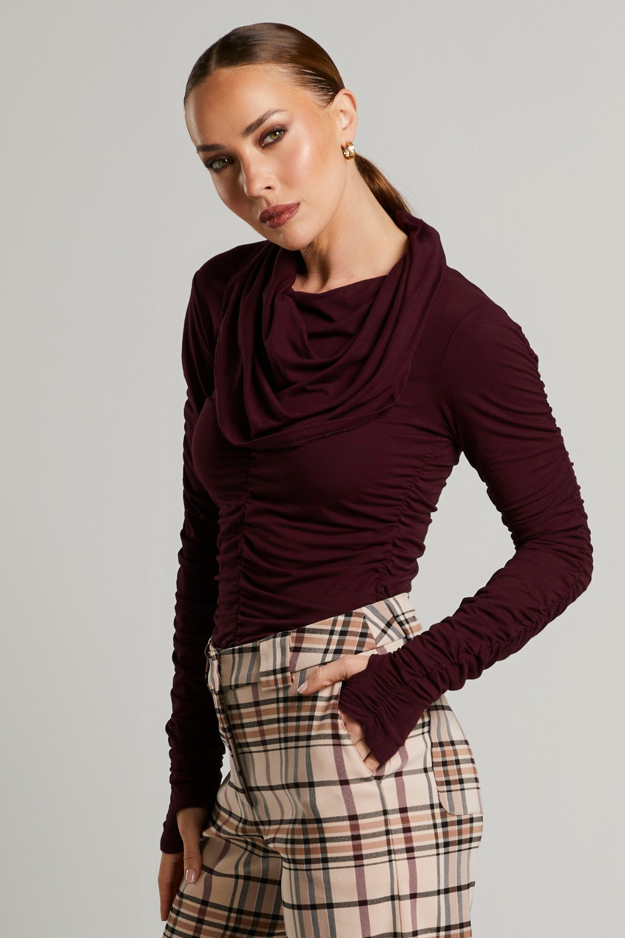 Beth Ruched Cowl Neck Top (Blackberry)