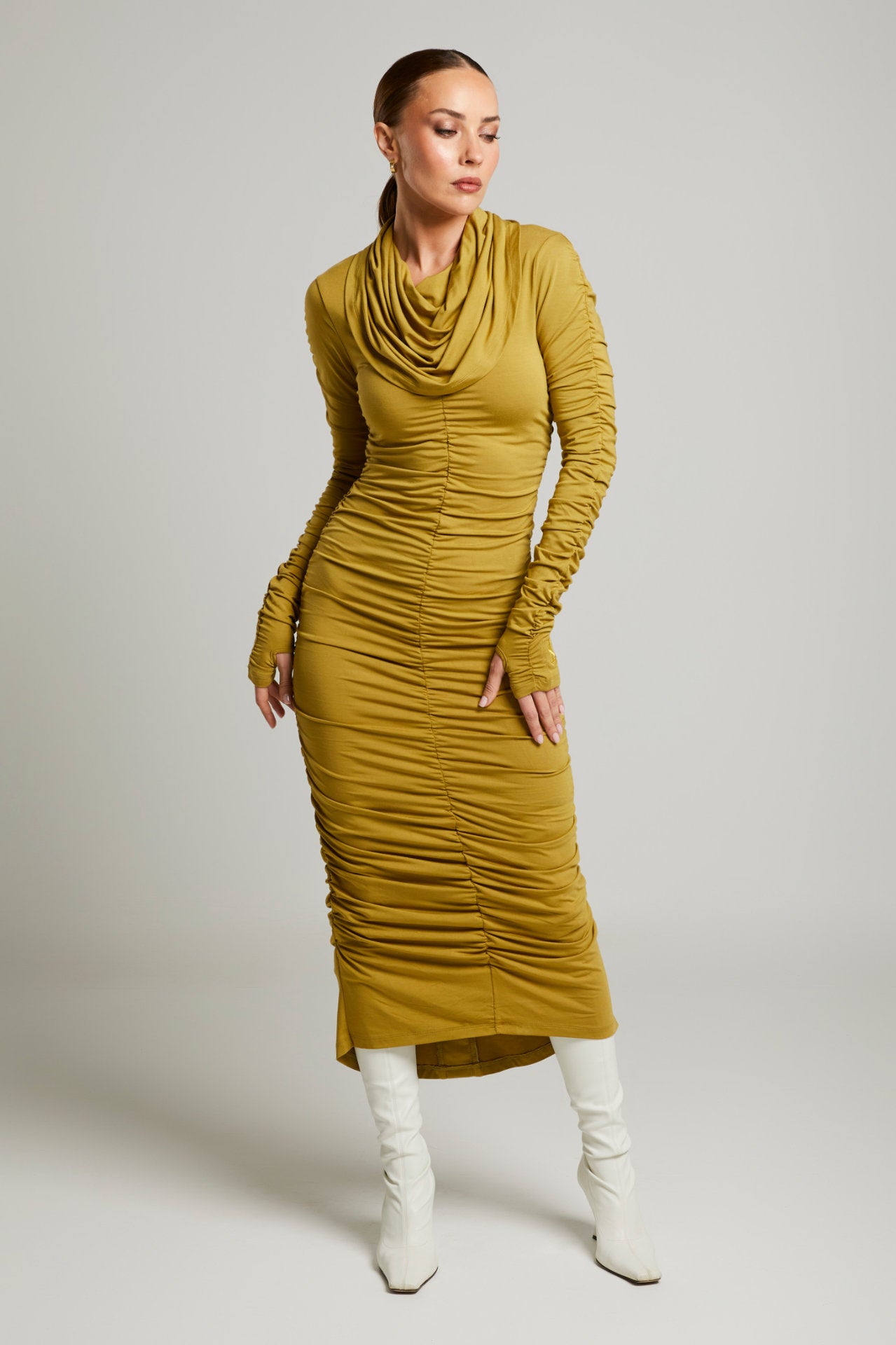 Beth Ruched Cowl Neck Dress (Sahara)