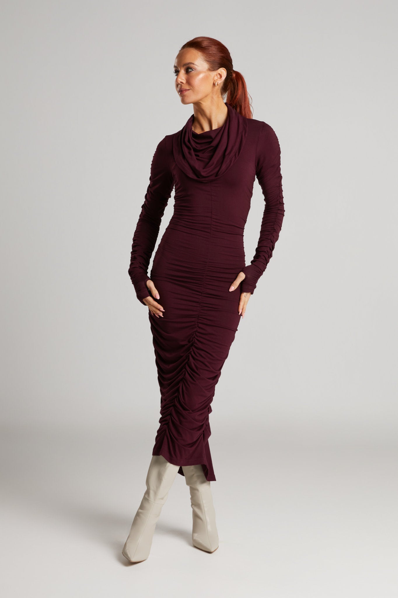 Beth Ruched Cowl Neck Dress (Blackberry)